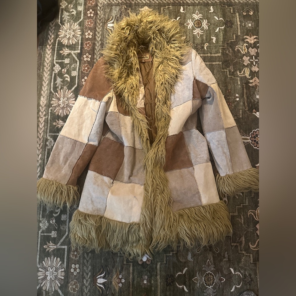 Patchwork Faux-Shearling Coat with Fringe Trim - Brown/Tan